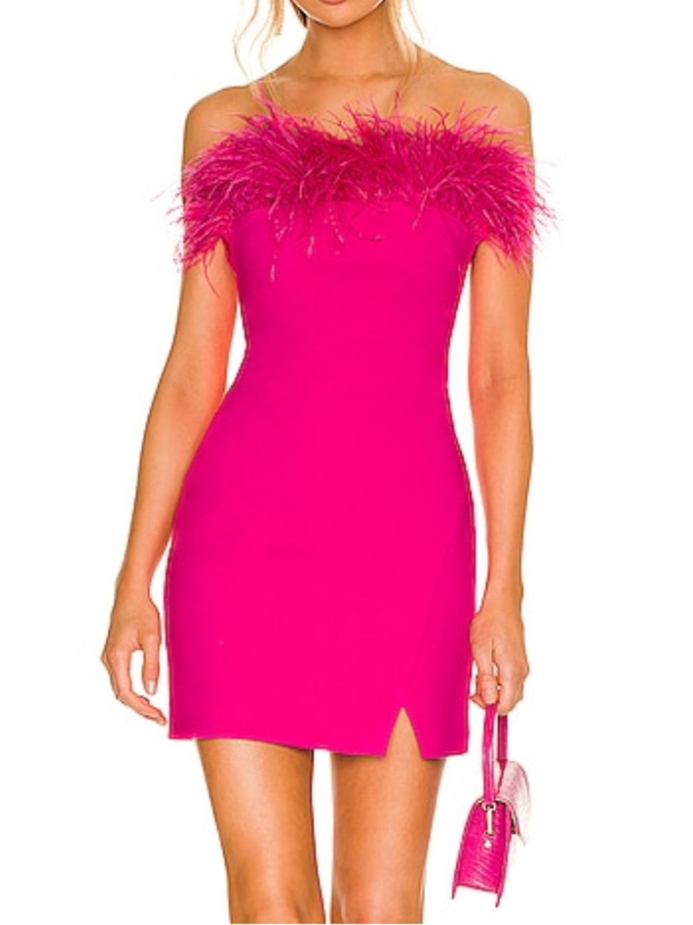 Likely Fuchsia Off-Shoulder Feather Trim Mini Dress